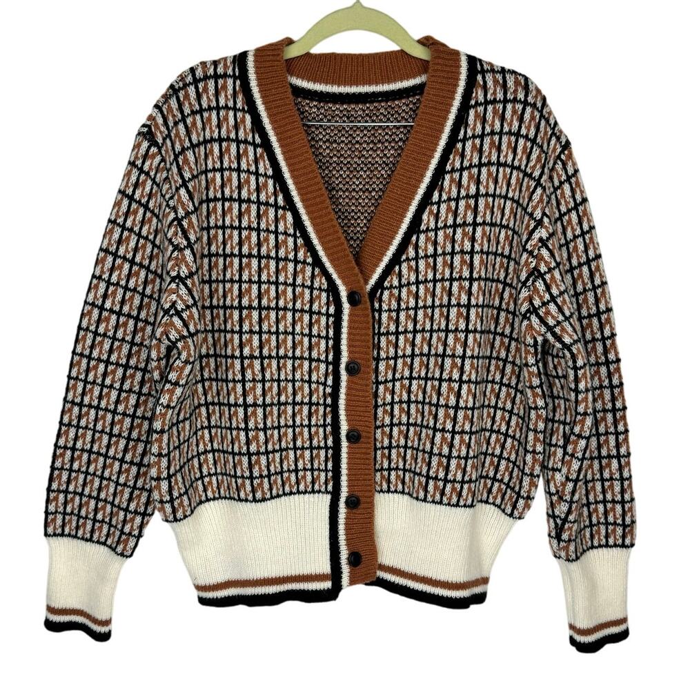 Shein Brown‎ Black Cream Double Layer Knit Retro 70s Cardigan Sweater Large